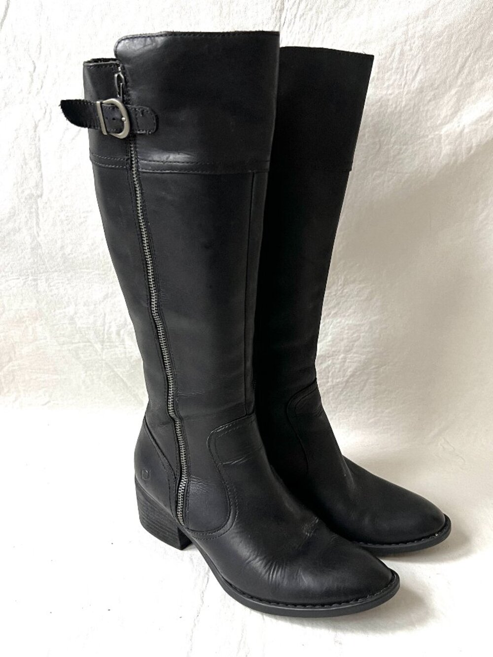 Born knee high boots Fannar womens 10 oiled black leather block heeled zip up